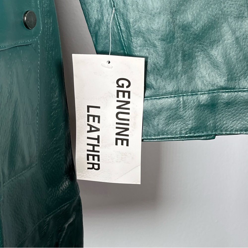 Metrostyle Green Leather Jacket Coat Long Trench A-line Glossy Women’s Size 10 - Picture 11 of 14